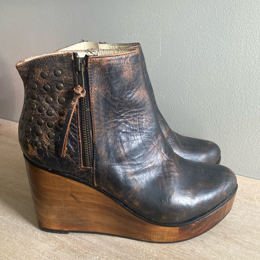 Bed Stu brown, distressed ankle wedge boots. Size 8 .in great condition.